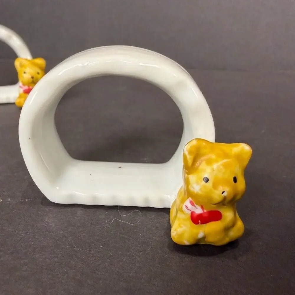 Set of 4 Vintage Ceramic Teddy Bear Napkins Rings, Country, Kitsch, Cozy